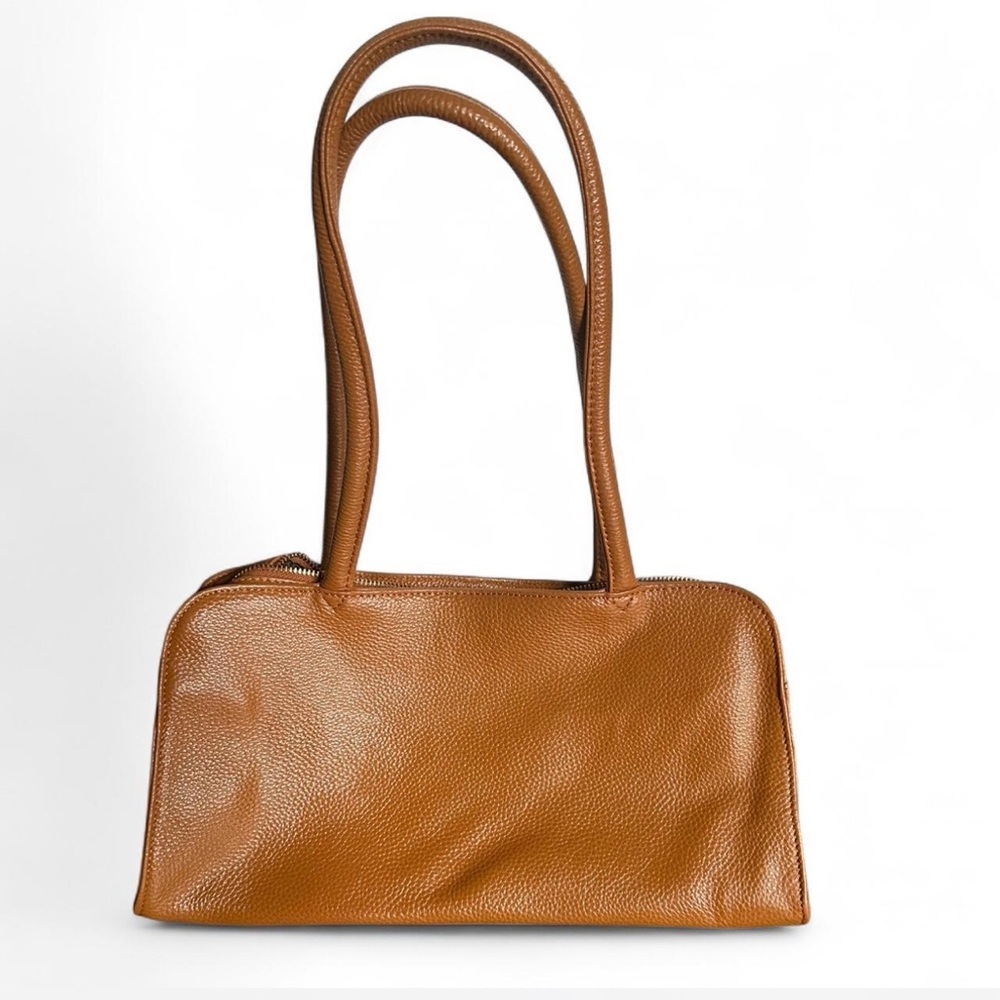 Tan Leather Tote with Double Handles and Structured Design